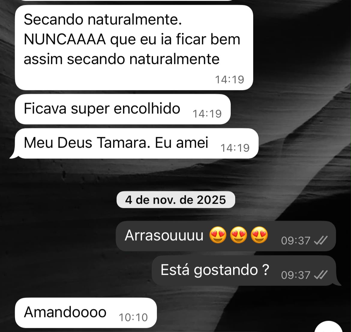 Print de conversa: cliente elogiando a secagem natural