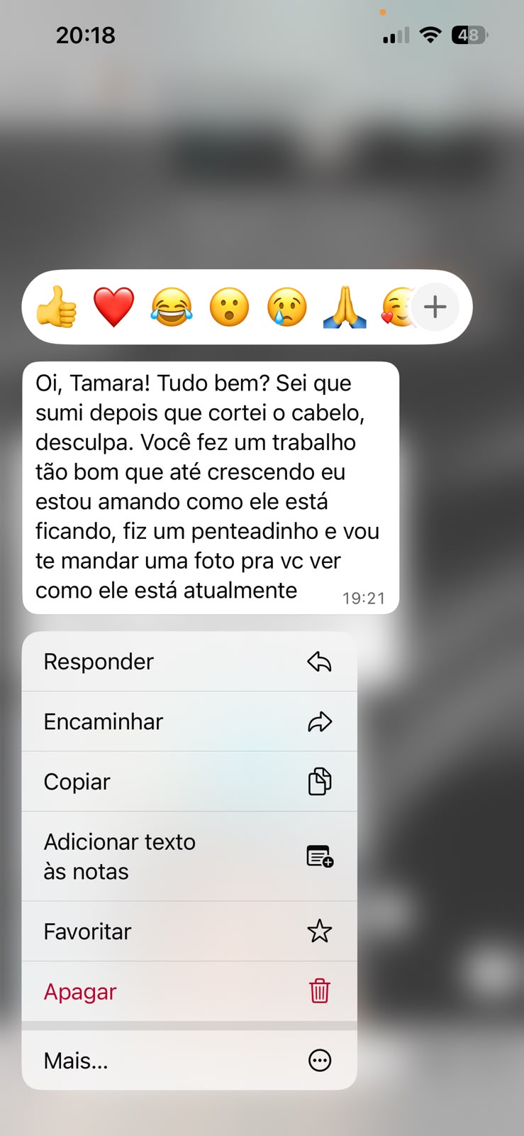 Print de conversa: cliente elogiando o corte meses depois