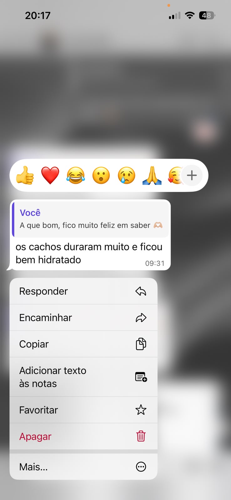 Print de conversa: cachos duradouros e cabelo hidratado